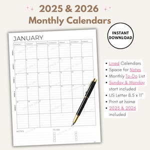 Calendario mensual rayado 2025 y 2026, planificador mensual vertical, calendario rayado 2026 + 2025 imprimible en PDF, lista de tareas mensuales, tamaño carta