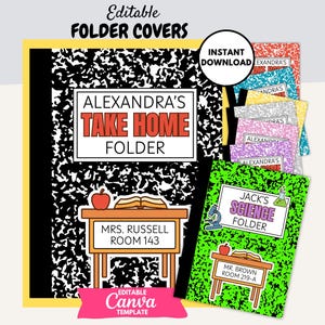 May include: Editable folder covers with a black and white composition notebook design. The covers feature text such as "Alexandra's Take Home Folder" and "Jack's Science Folder." Additional covers in various colors are also shown.