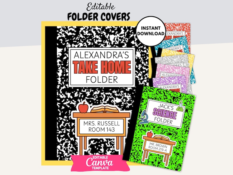 Editable take home folder cover template displayed on a yellow duotang with a composition notebook design, customizable student and teacher labels, colorful subject icons, and promotional text highlighting features like editable Canva template, extra icons, and pocket labels