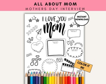 All About Mom Interview Printable, Mothers Day Coloring Questionnaire, First Mothers Day, Mothers Day from Daughter, Mothers Day from Son