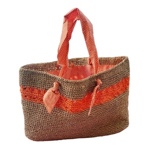 Endless Happiness Vegan Handmade Natural Hessian Rope Orange bag with Gingham Linen,GIFT, Shoulder bag, Woven bag