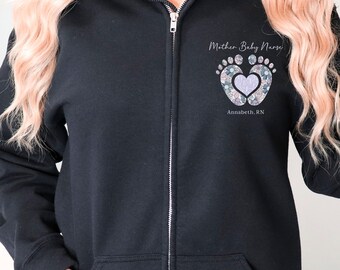 Custom Mother Baby Nurse Full Zip Hooded Jacket, Nurse Jacket, RN Zip Sweatshirt, Nurse Gifts, Nurse Graduation Gift, Mom Baby New Grad NICU
