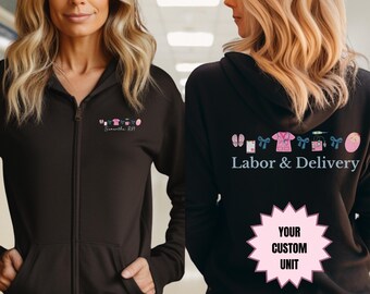 Custom Mother Baby Nurse Full Zip Hooded Jacket, Labor and Delivery Nurse Jacket, RN Zip Sweatshirt, Nurse Gifts, Nurse Graduation, Mom Baby