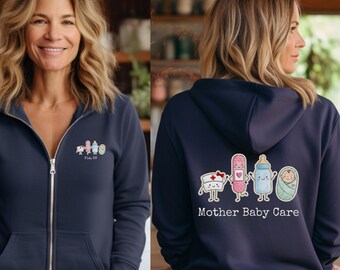 Custom Mother Baby Nurse Full Zip Hooded Jacket, Labor and Delivery Nurse Jacket, RN Zip Sweatshirt, Nurse Gifts, Nurse Graduation, Mom Baby