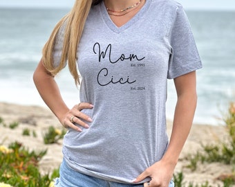 Custom Cici shirt, V-neck T-shirt for Grandmother Mom gift, Personalized Pregnancy reveal Grandma Holiday new Grandma established