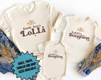 Custom Lolli & Me Shirts, Lolli's Sunshine, Grandmas' Boy Girl Baby Bodysuit Pregnancy reveal New Grandma established, Matching Grandma tee
