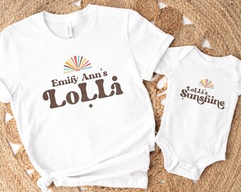 Custom Lolli & Me Shirts, Lolli's Sunshine, Grandmas' Boy Girl Baby Bodysuit Pregnancy reveal New Grandma established, Matching Grandma tee