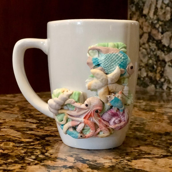 Handmade 3D Polymer Clay Mug, Ocean theme mug, Fish Mug, Octopus mug, Coral reef fish mug, decorative gift mug, collector mug, pencil holder