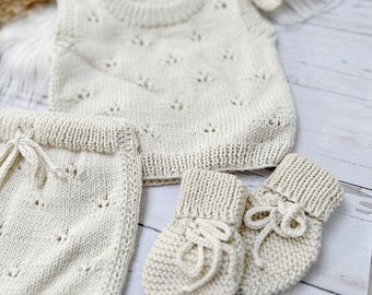 Baby Strick, Set, Pullunder, Strickhose, Strickjacke, Strickschuhe, Fäustlinge