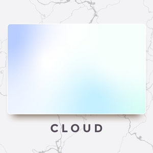 Puede incluir: Una tarjeta blanca con un degradado de colores azul y verde. La palabra "CLOUD" está impresa en negro en la parte inferior de la tarjeta.