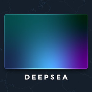 Könnte beinhalten: Ein Farbverlaufshintergrund mit einem Farbschema aus Türkis, Blau und Lila. Der Hintergrund hat eine rechteckige Form mit einem weißen Umriss. Der Text "DEEPSEA" befindet sich unterhalb des Rechtecks.