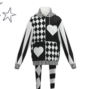 May include: A monochrome hoodie and leggings set with a striking pattern. The hoodie has a patchwork design with diamonds, hearts, and stripes. The leggings feature a mix of stripes and diamond shapes. A bold and unusual outfit.