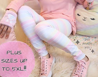 Yume Kawaii Stripe Leggings, Pastel Rainbow Juminocore Cute Tights Sweet Decora Kei Cool Plus Size Pink Harajuku Clothes