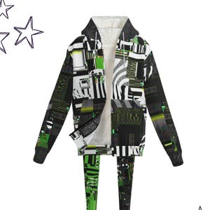 May include: A hooded jacket and matching leggings set with a black, white, and green geometric pattern. The jacket has a white, fuzzy interior and a front zipper. The leggings have a similar design. The set is displayed on a white background with star doodles.