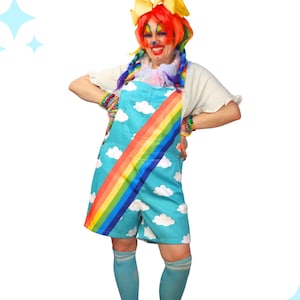 Clouds n Rainbows Shortie Overalls, Nonbinary Unisex Clowncore Jumpsuit Clown Pants Dungaree Shorts Decora Kei Plus Size Coveralls