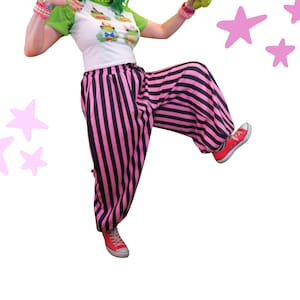 Black Pink Stripe Pantaloons, Nonbinary Clowncore Clown Pants Balloon Harem Circus Striped Baggy Sweatpants Cozy Lounge Wear