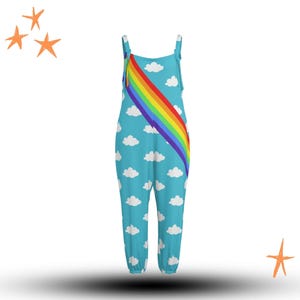 Clouds n Rainbows Sleeveless Clown Suit, Nonbinary Unisex Clowncore Jumpsuit Clown Pants Plus Size Overalls