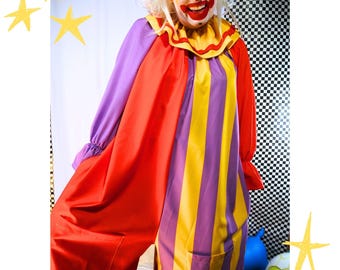 Circusoverall, humoristische nar, rood-paarse strepen, cosplay, carnavalspak, pofclownpak