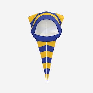 May include: A pointed hood featuring a horizontal striped pattern in vibrant yellow and royal blue. The garment has a wide circular opening for the face, with a white interior lining visible. Two long, tapered fabric tails extend downward from the base.