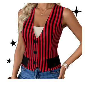 May include: A sleeveless vest with vertical red and black stripes. The vest has a V-neck, three black buttons, and two black pockets. The model is wearing blue jeans.
