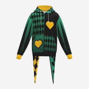 May include: A long-sleeve hooded sweatshirt featuring a split design with black and green diamond patterns and solid black panels. The garment includes two yellow heart graphics on the front, a yellow hood lining, yellow cuffs, and two long pointed tails.