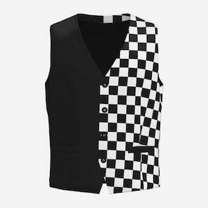 May include: A sleeveless waistcoat featuring a split design with a solid black panel on the left side and a black and white chequered pattern on the right side. The garment includes a V-neckline, four black buttons down the centre, and two pockets.