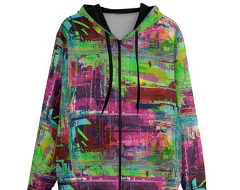 Glitchscape Zip Up Hoodie, Nonbinary Cotton Cyberpunk Jacket