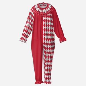 Mono de circo rojo y blanco, traje holgado de bufón arlequín y cuello con volantes.