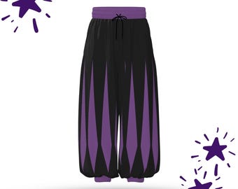 Pantalones holgados de payaso morado real con cortes de bufón, disfraz de cosplay de talla grande para feria renacentista.