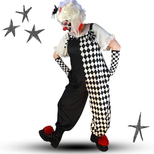 Pierrot Diamonds Split Clown Suit, Nonbinary Black and White Jester Jumpsuit Clowncore Costume Vintage Circus Outfit