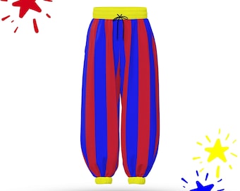 Primary Pal Jester Clown Pants, Red Blue Striped Baggy Nonbinary Circus Cosplay Clowncore Adult Plus Size Professional Costume Sweatpants