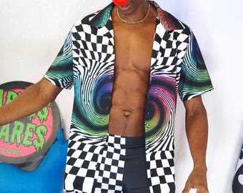 Chromatrip Button Up Mens Bowling Shirt, Cool Weird Trippy Rainbow Rave Hawaiian Shirt Made in USA