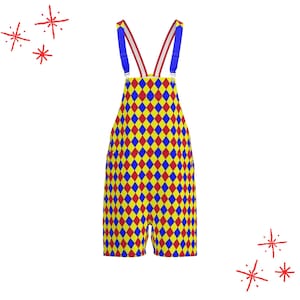 May include: Overalls featuring a repeating diamond pattern in red, yellow, and blue. The garment has adjustable shoulder straps with red and white stripes and blue hardware. Red star-shaped accents are positioned around the overalls.