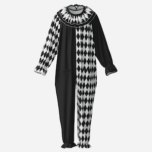 May include: A long-sleeved jumpsuit featuring a split design with one side in solid black and the other in a black and white diamond pattern. The garment includes a ruffled collar with a matching diamond print and gathered cuffs at the wrists and ankles.