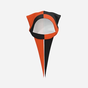 May include: A two-toned head covering featuring a split design of vibrant orange and solid black. The accessory has a rounded opening for the face, pointed ear-like projections at the top, and two long, tapered fabric tails extending downward.