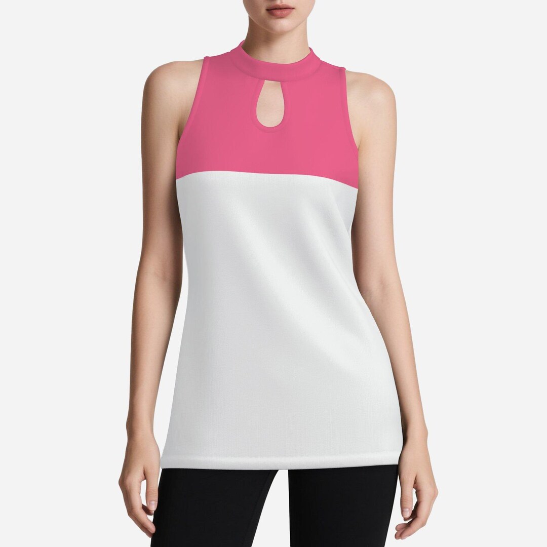 Hot Pink White Colorblock Key Cutout Mock Neck Tank Top Shirt - Etsy