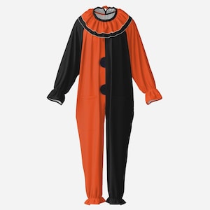 Könnte beinhalten: Ein langärmeliger Jumpsuit mit einem zweifarbigen Design in Schwarz und Orange. Das Kleidungsstück verfügt über einen Rüschenkragen mit einem dünnen weißen Rand, lange Ärmel mit Rüschenbündchen und zwei dunkle, runde Knöpfe am Vorderteil.