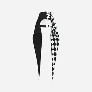 May include: A head covering featuring a split design with one side in solid black and the other side in a black and white checkered diamond pattern. The fabric extends into two long, pointed tails that hang down from the main cap section.