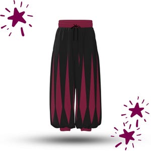 May include: Black and burgundy harem trousers with a drawstring waist and elasticated cuffs. The trousers feature a geometric diamond pattern in burgundy against a black background. The waistband and cuffs are burgundy.