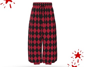 Cranberry Red Black Harlequin Jester Clown Pants Puffy Pantaloons