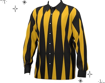 Golden Slashed Mens Jester Satin Shirt, Yellow Black Harlequin Ren Faire Style