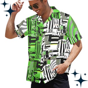 May include: Short-sleeved button-down shirt with a vibrant geometric pattern in shades of green, black, white, and gray. The shirt features a classic collar and a relaxed fit, suitable for casual wear.