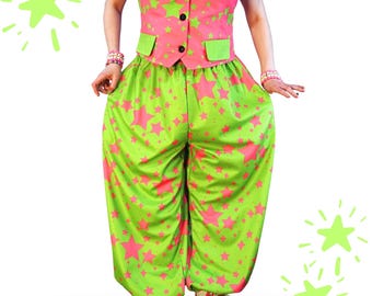 80s Chaos Stardust Lime Green Hot Pink Balloon Clown Pants in Cooling Sport Waffle Fabric