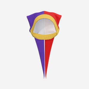 May include: A jester hood featuring a split design with one side in purple and the other in red. The hood has a yellow trim around the face opening and a white interior lining. The fabric extends into two long, pointed tails hanging downwards.