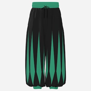 Calças largas com recortes, verde esmeralda, estilo bobo da corte, pretas, para feira medieval, com balões e palhaços.