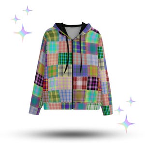 May include: A zip-up hoodie with a patchwork design. The hoodie features a variety of plaid patterns in a mix of colors, including green, blue, pink, and yellow. The hood and inner lining are black.