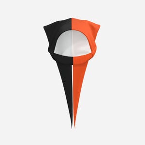 May include: A two-toned hood featuring a split design with one side in solid black and the other in solid orange. The hood has a rounded opening with a white interior lining and two long, pointed fabric tails extending downward from the base.