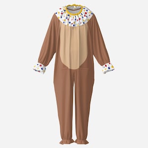 Mono de circo con estampado de lunares y oso de fiesta, traje de payaso marrón claro beige con gorguera.