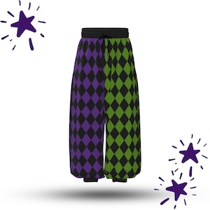 May include: Harlequin-style trousers with a black drawstring waistband. The trousers are split vertically, with a purple and black diamond pattern on one side and a green and black diamond pattern on the other. They have a relaxed fit and are made of a soft material.