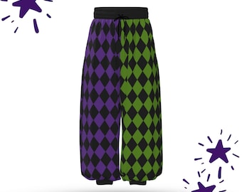 Royal Purple Pine Harlequin Jester Clown Pants, Ren Faire Plus Size Baggy Pantaloons